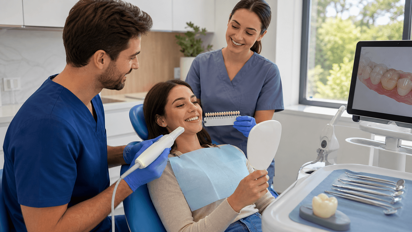 Close-up of a dentist holding a dental crown model beside a tooth diagram on a bright white background.