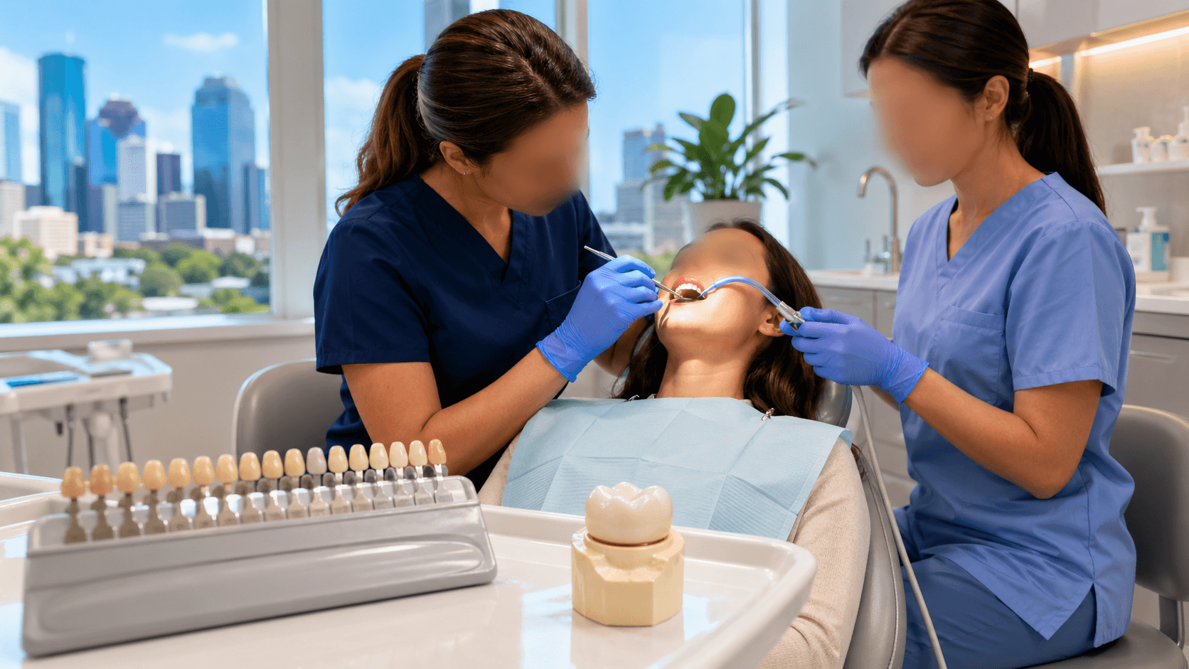 Close-up of a smiling mouth with a shiny white crown tooth, dental tools blurred in a bright clinic background
