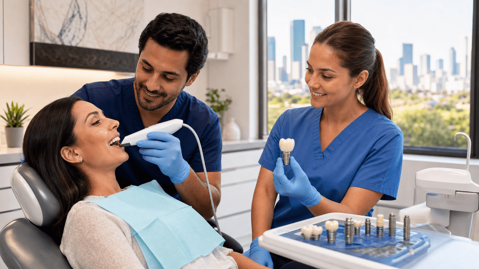 Bright dental clinic scene showing a dentist holding an implant model beside a smiling patient in a white chair.